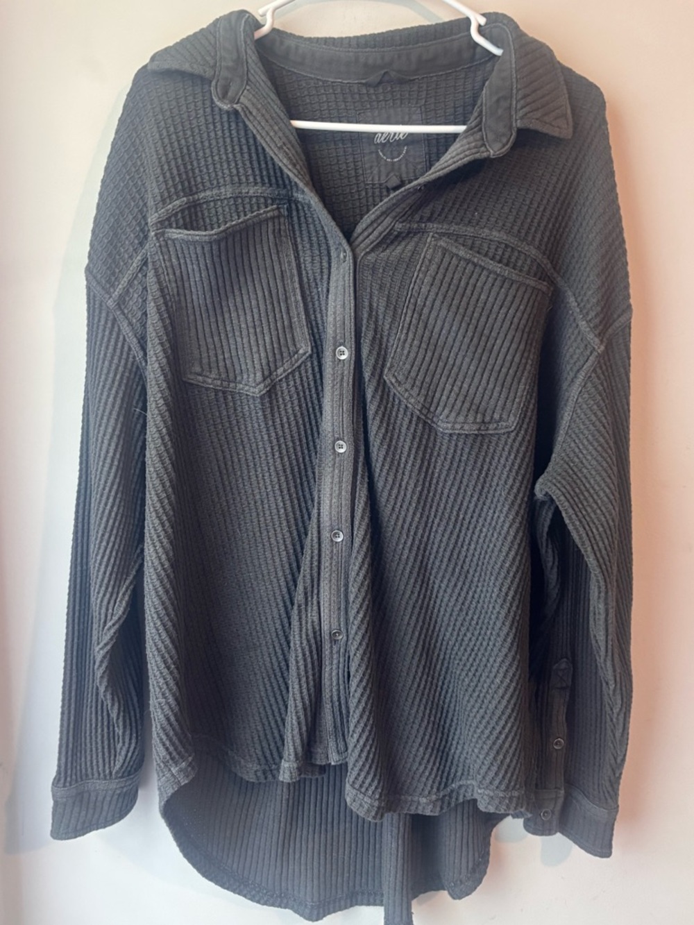 Gray Aerie Oversized Waffle Knit Button-Up